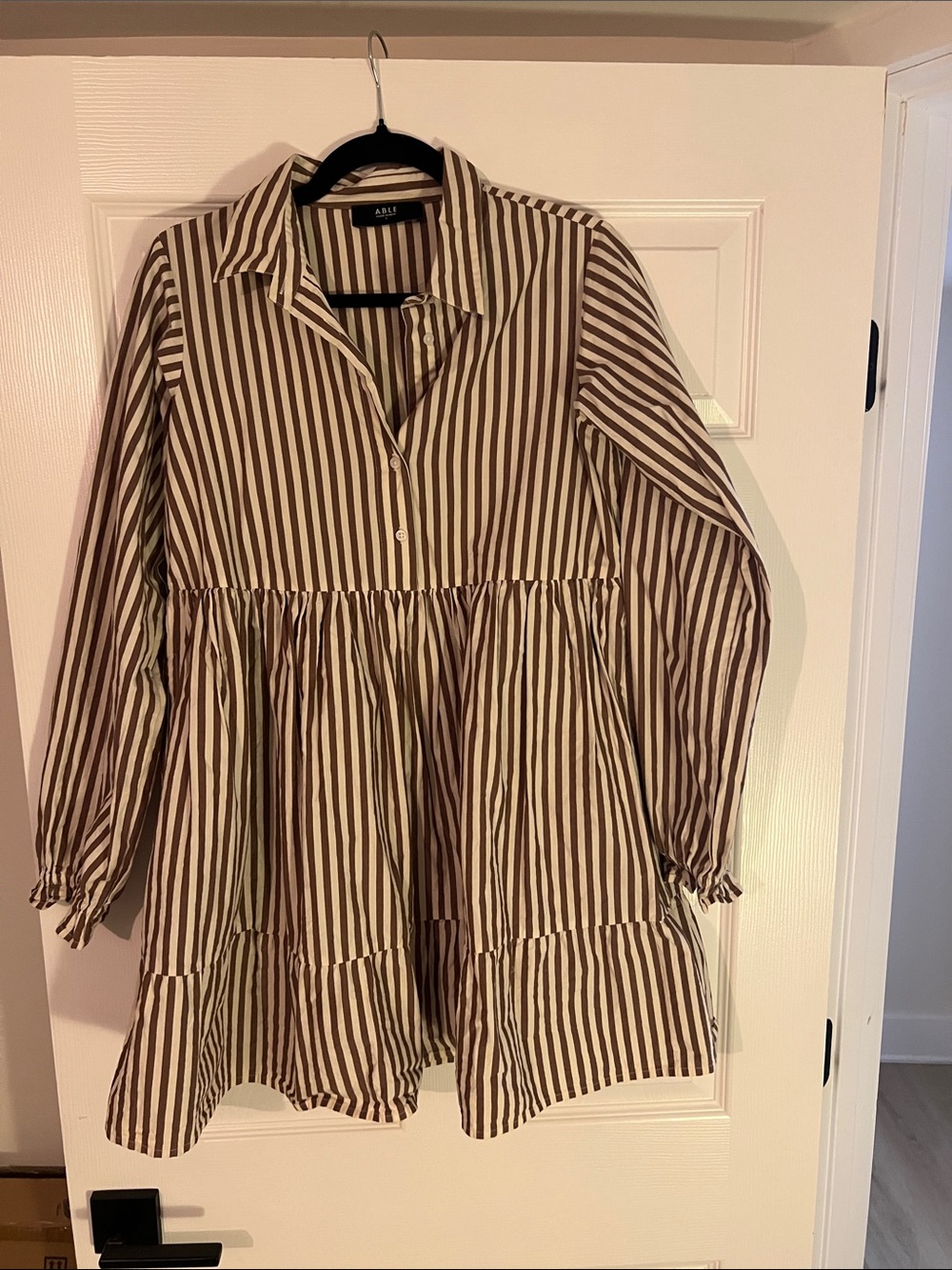 Able Vertical Stripe Button-Up Dress in Brown and Cream